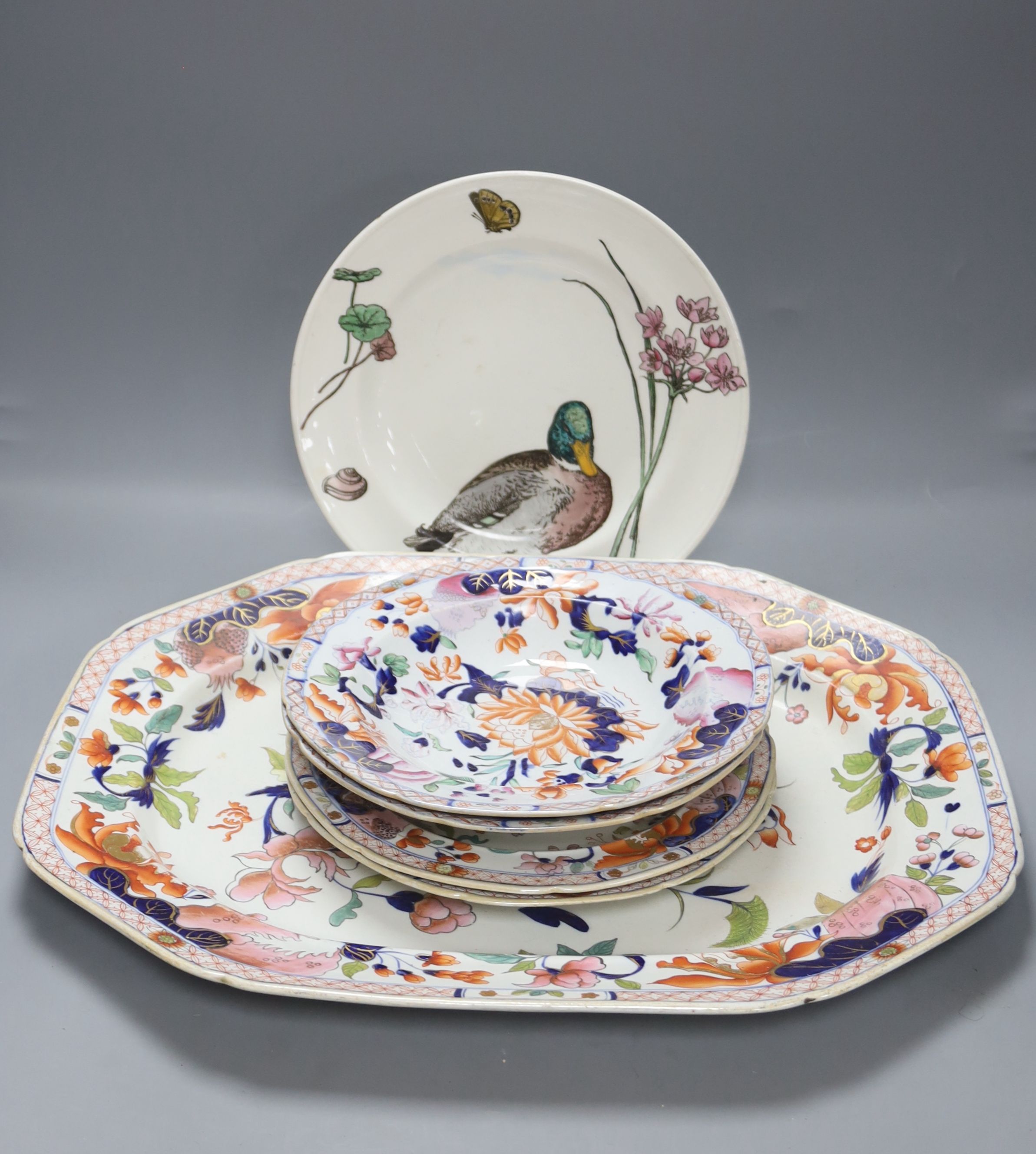 A Masons patent ironstone Imari pattern meat dish, 47cm, four plates and a Minton WS Coleman duck plate